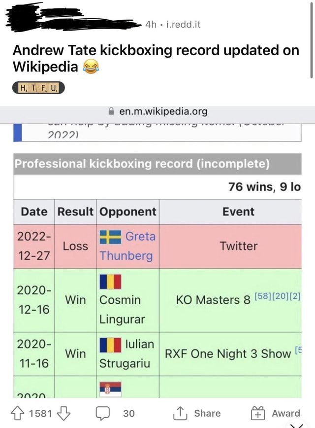 Ah i.redd.it Andrew Tate kickboxing record updated on Professional