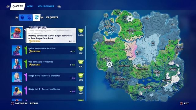 Quests I Map Collections Quests Destroy Structures At Durr Burger Restaurant 1 000 Castle Salty Toners Woods Holly 1 000 Tomatohead Or Durr Burger Food Truck Ignite An Opponent With Fire Use Bandages Or