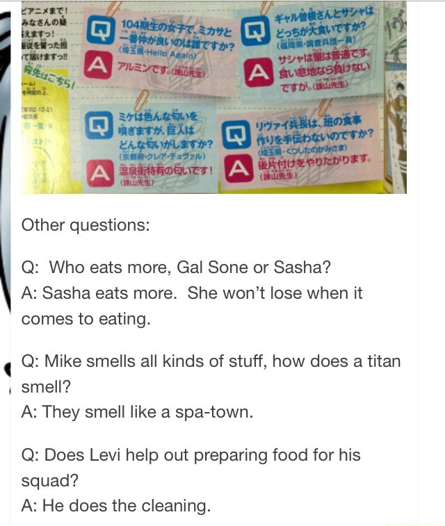 Q Who Eats More Gal Sone Or Sasha A Sasha Eats More She Won T Lose When It Q Mike Smells All Kinds Of Stuff How Does A Titan Smell A They