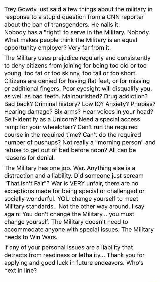 Trey Gowdy just said a few things about the military in response to a ...