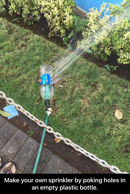 Make your own sprinkler by poking holes in an empty plastic bottle