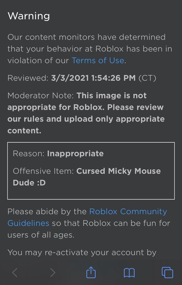 Warning Our Content Monitors Have Determined That Your Behavior At Roblox Has Been In Violation Of Our Terms Of Use Reviewed Pm Ct Moderator Note This Image Is Not Appropriate For Roblox - inappropriate roblox cursed images