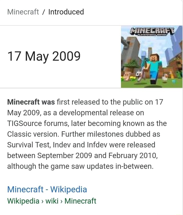 Minecraft Introduced 17 May 2009 Minecraft Was ï¬rst Released To The Public On 17 May 2009 As A Developmental Release On Tigsource Forums Later Becoming Known As The Classic Version Further