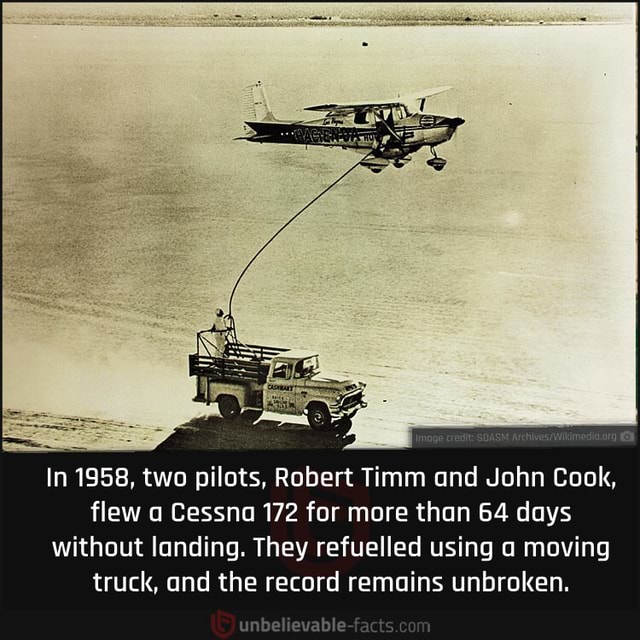 N/A - In 1958, two pilots, Robert Timm and John Cook, flew a Cessna 172 ...