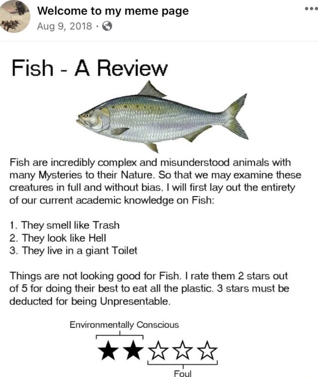 Welcome to my meme page eee WE Aug 9, 2018 Fish - A Review Fish are  incredibly complex and misunderstood animals with many Mysteries to their  Nature. So that we may examine
