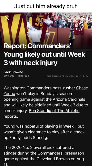 Report: Commanders' Young likely out until Week 3 with neck injury