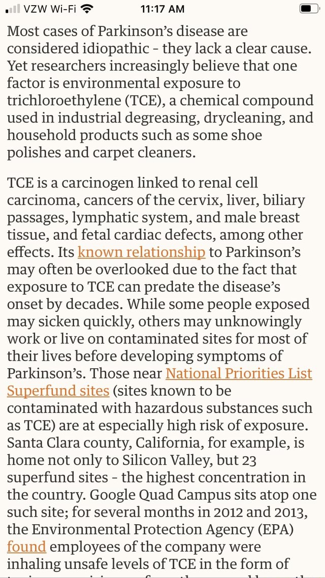 TCE Linked to Parkinson’s Disease VZW WiFi AM Most cases of