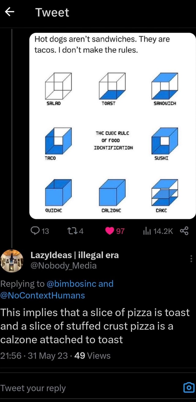 Tweet Hot dogs aren't sandwiches. They are tacos. I don't make the