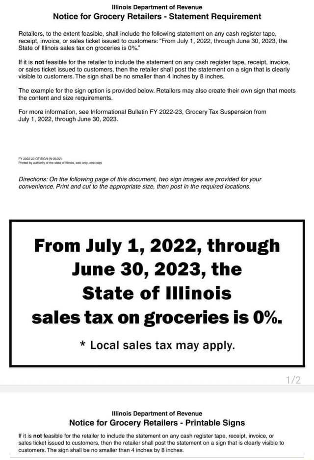 Illinois Department of Revenue Notice for Grocery Retailers Statement