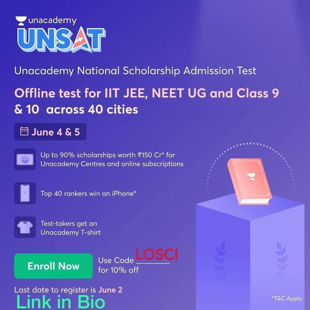 Wunacademy UNSAT Unacademy National Scholarship Admission Test Offline test for lIT JEE, NEET UG