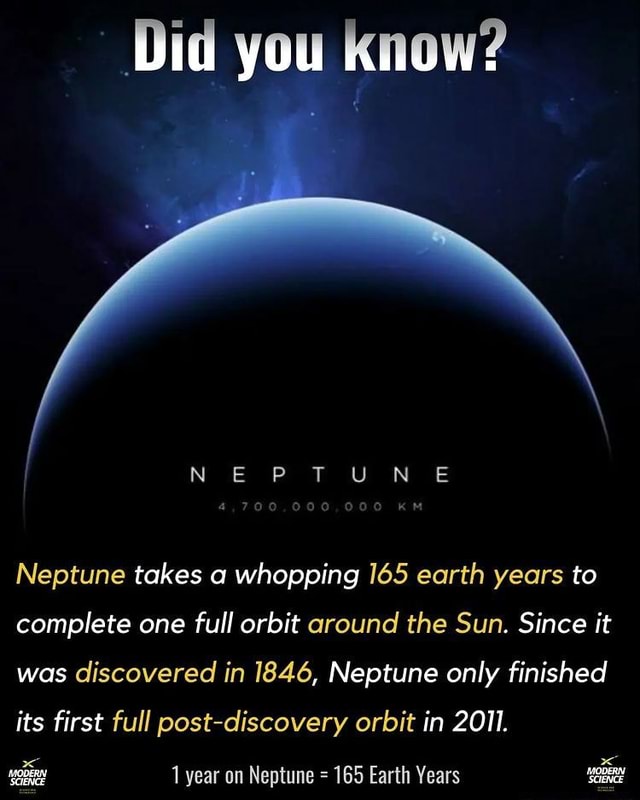 Did you know? NEPTUNE KM Neptune takes a whopping 165 earth years to ...