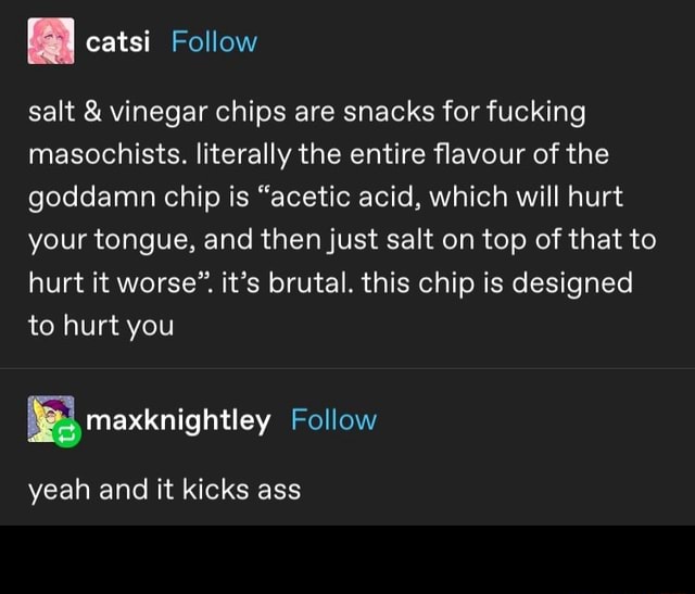 Salt & vinegar chips are snacks for fucking masochists. literally the