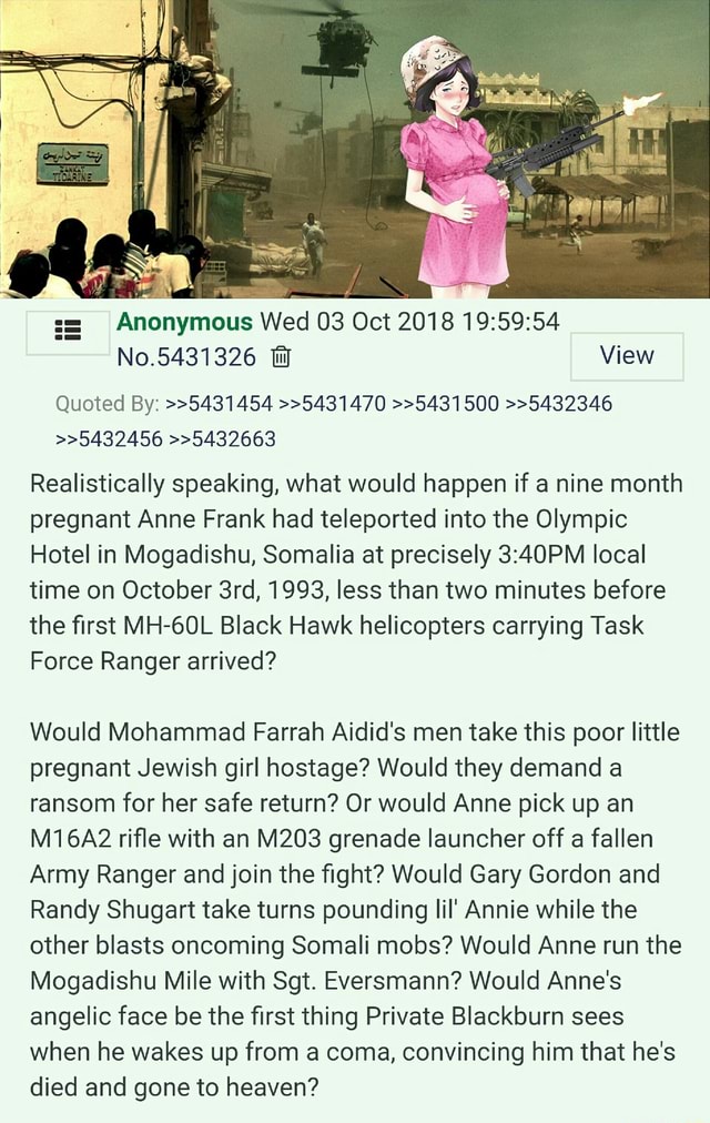 Realistically Speaking What Would Happen If A Nine Month Pregnant Anne Frank Had Teleported Into The Olympic Hotel In Mogadishu Somalia At Precisely 3 40pm Local Time On October 3rd 1993 Less Than