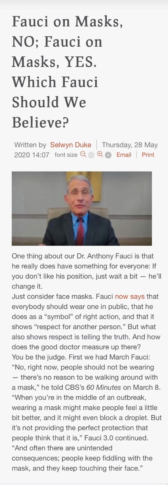 Fauci On Masks, NO; Fauci On Masks, YES. Which Fauci Should We Believe ...