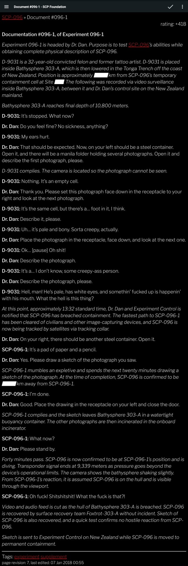 Obtaining Complete Physical Description Of Scp 096 D 9031 Is A 32 Year Old Convicted Felon And Former Tattoo Artist D 9031 Is Placed Inside Bathysphere 303 A Which Is Then Lowered In The Tonga Trench Off The