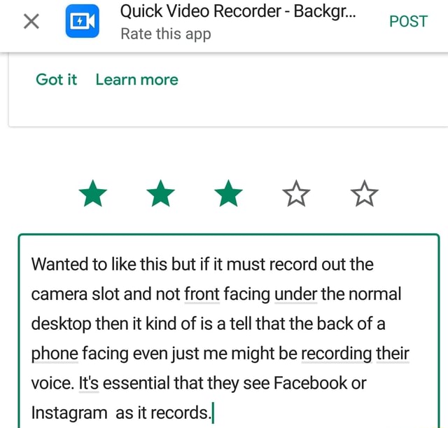 X Quick Video Recorder Backgr... POST Rate this app Gotit Learn more ...