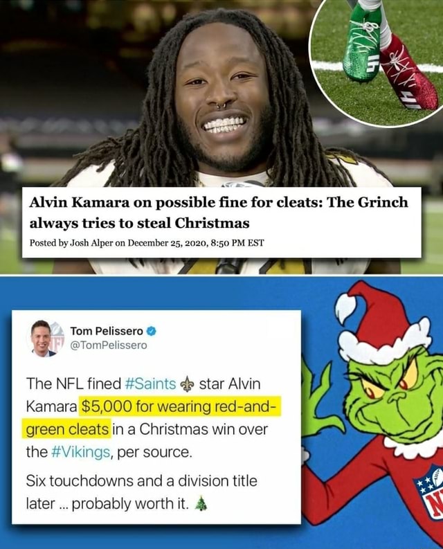 Saints' Alvin Kamara says he was fined for Christmas cleats