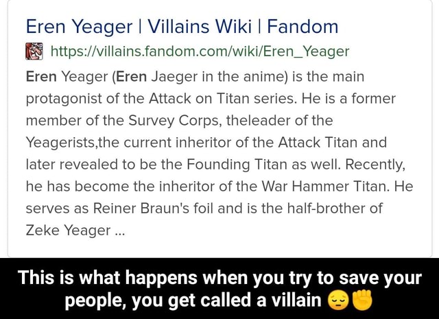 Eren Yeager I Villains Wiki I Fandom Yeager Eren Yeager (Eren Jaeger In ...