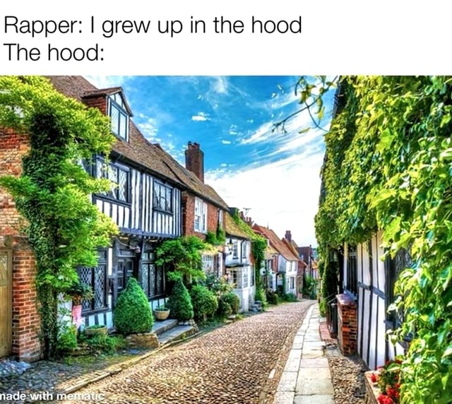 Rapper: I grew up in the hood The hood: nade with mematic - iFunny