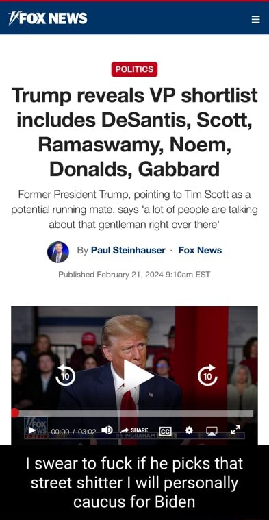 FOX NEWS Trump reveals VP shortlist includes DeSantis, Scott, Ramaswamy ...