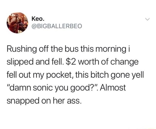 Rushing Off The Bus This Morning I Slipped And Fell 2 Worth Of Change Fell Out My Pocket This Bitch Gone Yell Damn Sonic You Good Almost Snapped On Her Ass