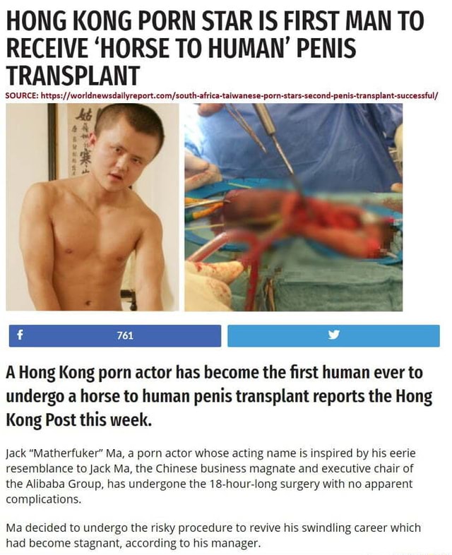 Hong Kong Porn Actor - HONG KONG PORN STAR IS FIRST MAN TO RECEIVE 'HORSE T0 HUMAN' PENIS  TRANSPLANT A Hong Kong porn actor has become the ï¬rst human ever to undergo  a horse to human penis