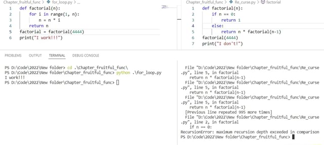 Chapter_fruitful func > for_loop.py > def 2 for i in n): 3 nen*i 4 ...