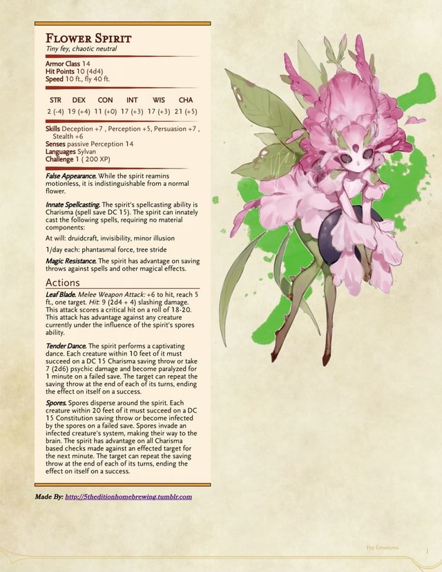 FLOWER SPIRIT Tiny fey, chaotic neutral Armor Class 14 Hit Points 10