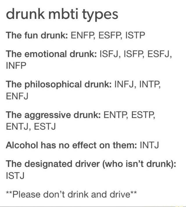 Drunk Mbti Types The Fun Drunk Enfp Esfp Istp The Emotional Drunk Isfj Isfp Esfj Infp The Philosophical Drunk Infj Intp Enfj The Aggressive Drunk Entp Estp Entj Estj Alcohol Has No