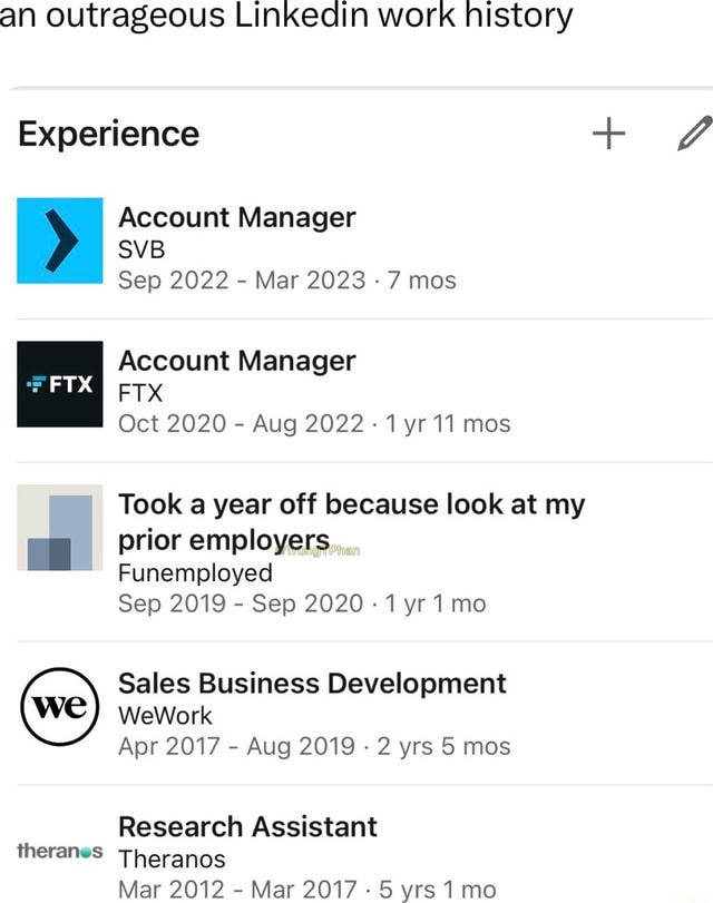 An outrageous Linkedin work history Experience + Account Manager SVB