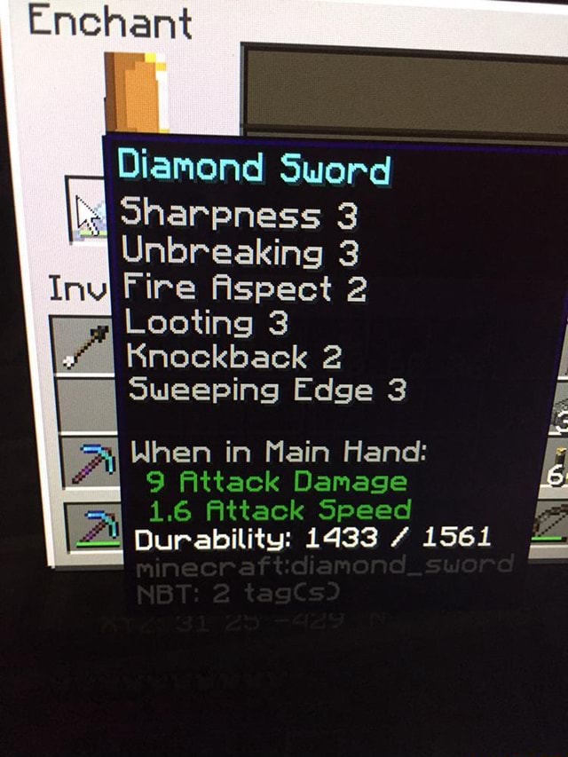 Enchant Diamond Sword Sharpness 3 Unbreaking 3 Fire Aspect Looting 3 Knockback 2 Sweeping Edge 3 When In Main Hand 9 Attack Damage 1 6 Attack Speed Durability 1433 1561 Bi Ifunny