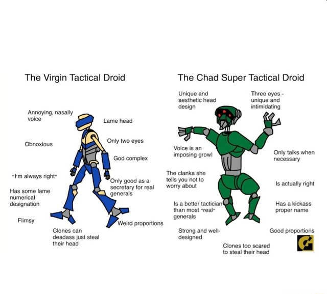The Virgin Tactical Droid The Chad Super Tactical Droid Unique And Three Eyes Aesthetic Head Unique And Design Intimidating Annoying Nasally Voice Lame Head Obnoxious Onty Two Eyes Voice Is An