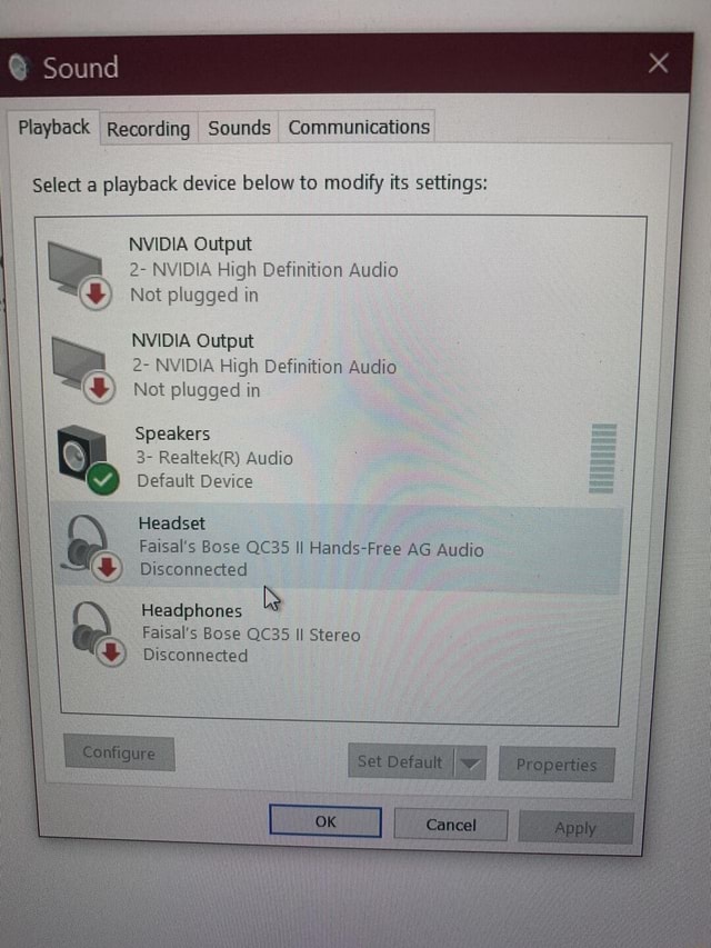 Sound Playback Recording Sounds Communications Select a playback device