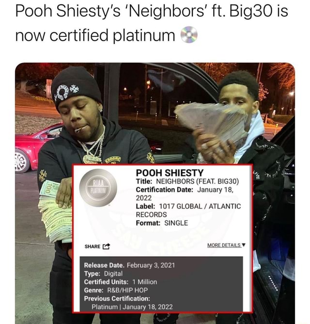 Pooh Shiesty's 'Neighbors' ft. Big30 is now certified platinum POOH