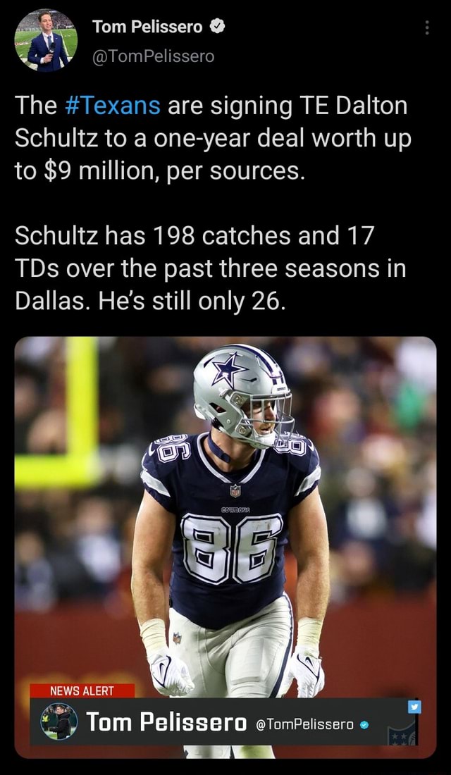 Tom Pelissero on X: The #Texans are signing TE Dalton Schultz to a  one-year deal worth up to $9 million, per sources. Schultz has 198 catches  and 17 TDs over the past