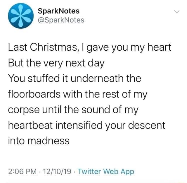 Last Christmas I Gave You My Heart But The Very Next Day You Stuffed It Underneath The Floorboards With The Rest Of My Corpse Until The Sound Of My Heartbeat Intensified Your