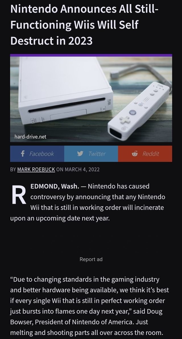 Nintendo Announces All Still-Functioning Wiis Will Self Destruct in 2023