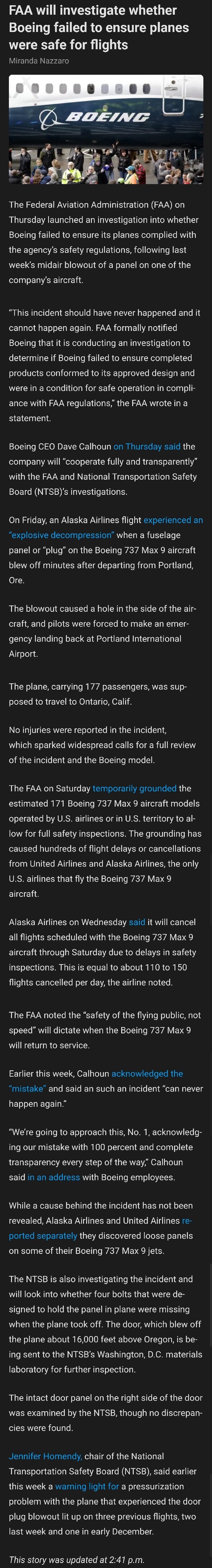 FAA will investigate whether Boeing failed to ensure planes were safe ...