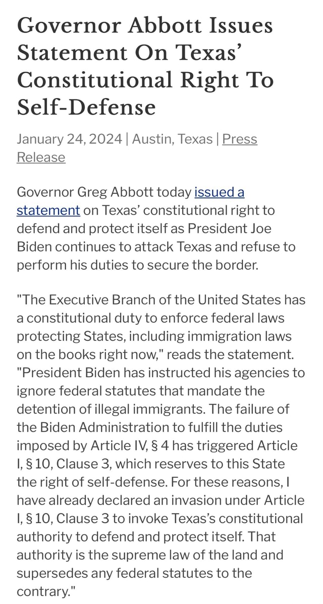 Governor Abbott Issues Statement On Texas' Constitutional Right To SelfDefense January 24, 2024