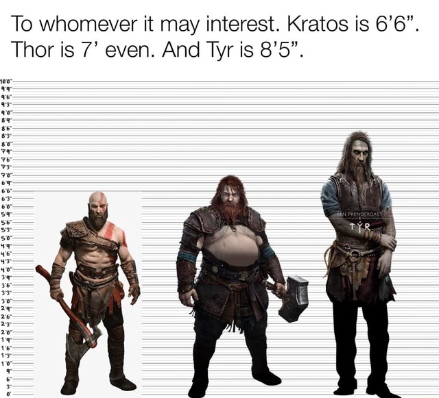 To whomever it may interest. Kratos is 6'6. Thor is 7' even. And Tyr is  8'5. = SS > - SS - iFunny