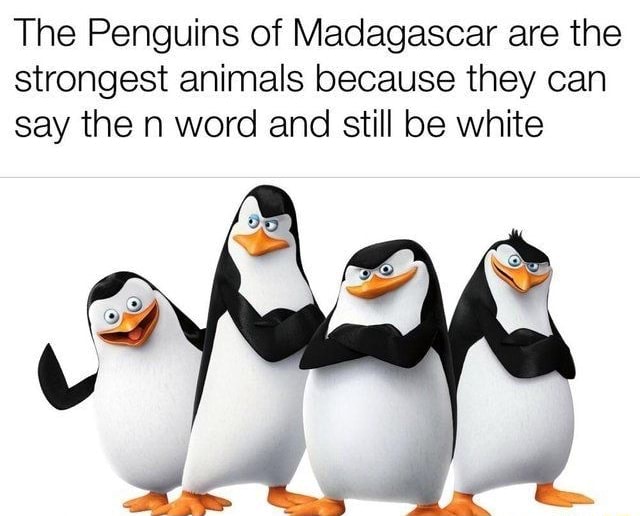 The Penguins of Madagascar are the strongest animals because they can say  the n word and still be white 
