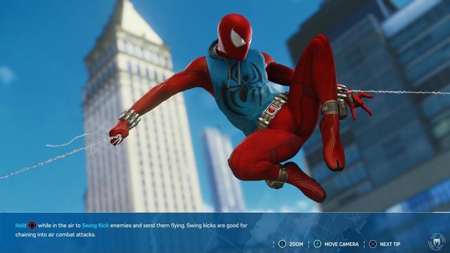 Spider-Man PS4 - Hold while in the air to Swing Kick enemies and send them  flying. Swing kicks are good for chaining into air combat attacks. zoom  MOVE CAMERA - iFunny Brazil