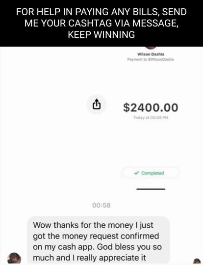 FOR HELP IN PAYING ANY BILLS, SEND ME YOUR CA VIA MESSAGE, KEEP WINNING