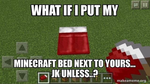 WHAT IF PUT MY MINECRAFT BED NEXT TO YOURS... JK UNLESS. makeameme. org ...