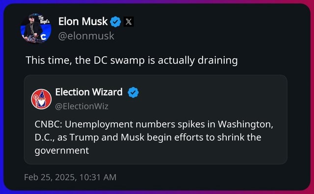 Elon Musk x wee/ @elonmusk This time, the DC swamp is actually draining ...