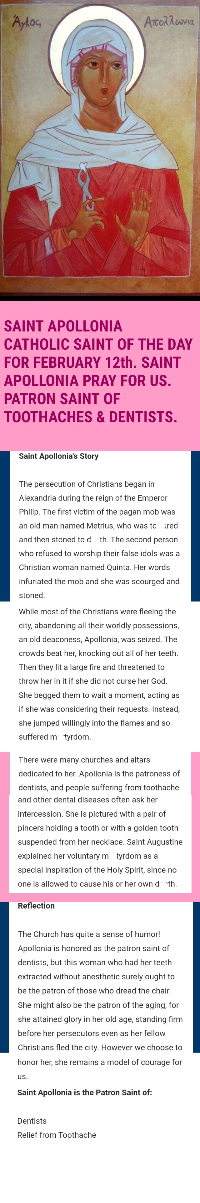 SAINT APOLLONIA CATHOLIC SAINT OF THE DAY FOR FEBRUARY 12th. SAINT