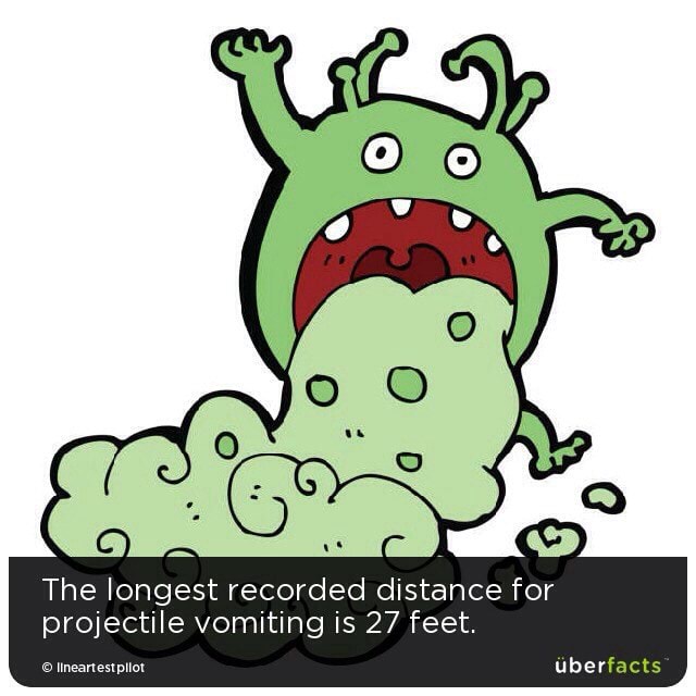 À The longest recorded distance for projectile vomiting is 27 feet. )