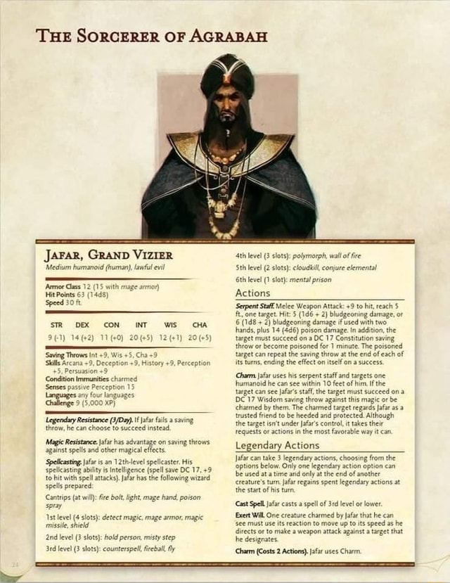 THE SORCERER OF AGRABAH JAFAR, GRAND VIZIER 'Mediun huranoid (h man), lawful evil Armor Class