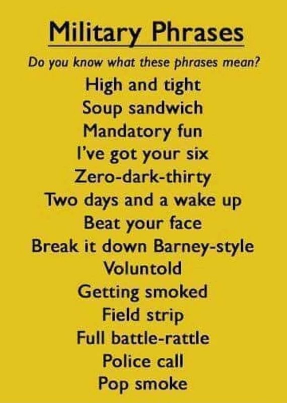 Militarx Ph Rases Do You Know What These Phrases Mean High And Tight Soup Sandwich Mandatory Fun I Ve Got Your Six Zero Dark Thirty Two Days And A Wake Up Beat Your Face Break