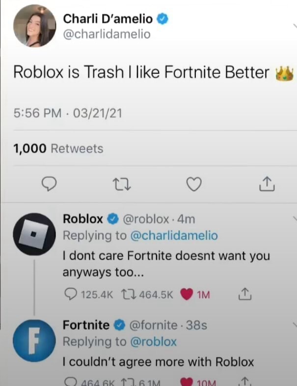 Charli D Amelio Roblox Is Trash I Like Fortnite Better 1 